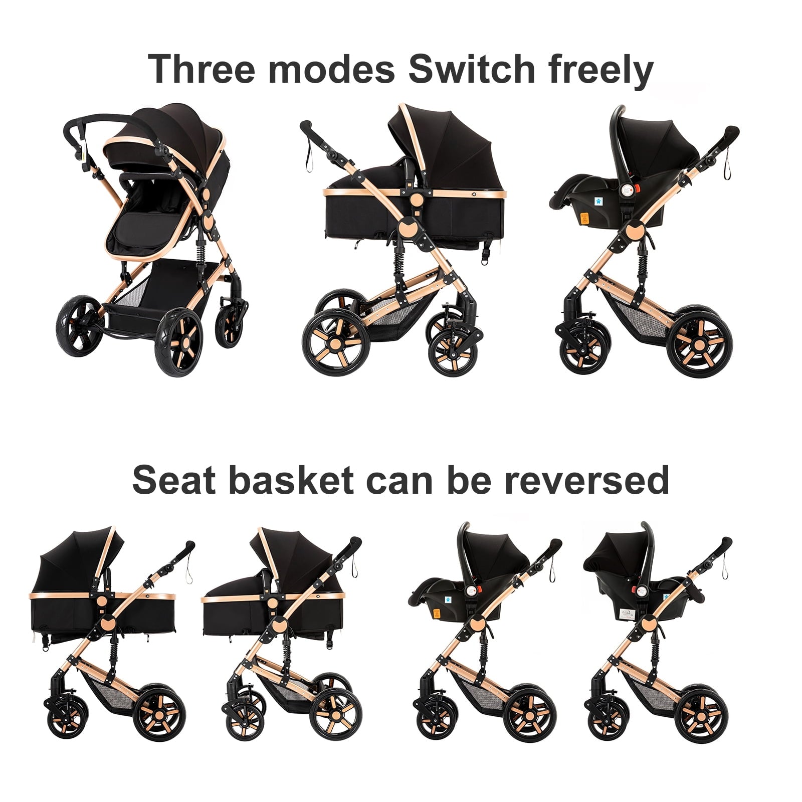 2 in 1 Baby Stroller Portable Infant Stroller with Storage Bag,Cup Holder, for Newborn/Child/Toddler,Unisex,BLACK&GOLD
