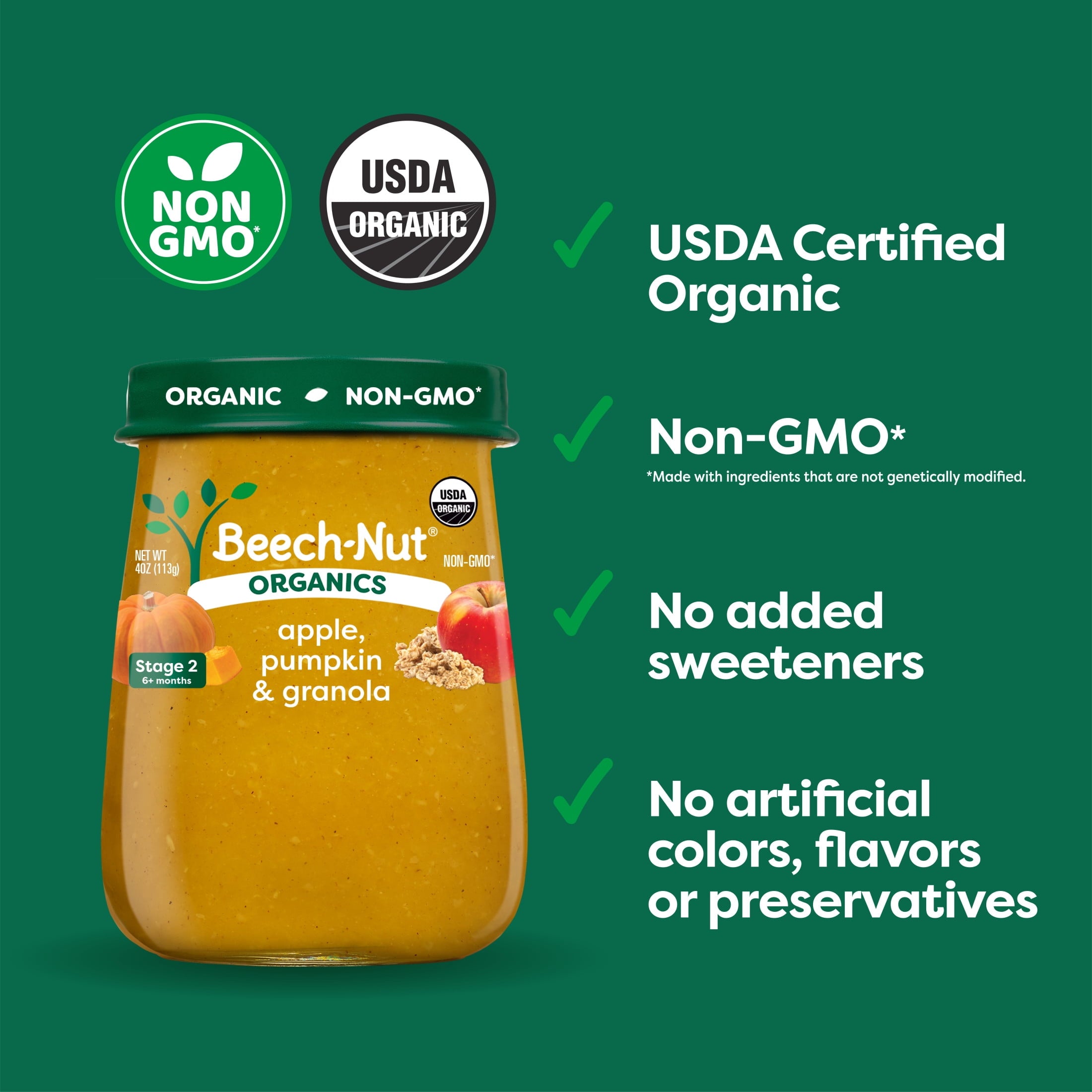 (10 pack) Beech-Nut Organics Stage 2 Organic Baby Food, Apple Pumpkin & Granola, 4 oz Jar