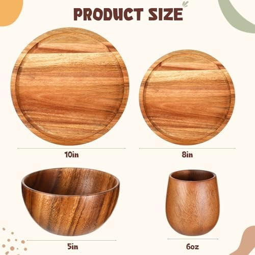 16 Pcs Acacia Wood Dinnerware Set, Round Wooden Plates,Solid Wooden Bowls and Tea Cups, Acacia Wood Tableware Supplies, Easy Cleaning & Lightweight for Dishes Snack, Dessert, Set for 4