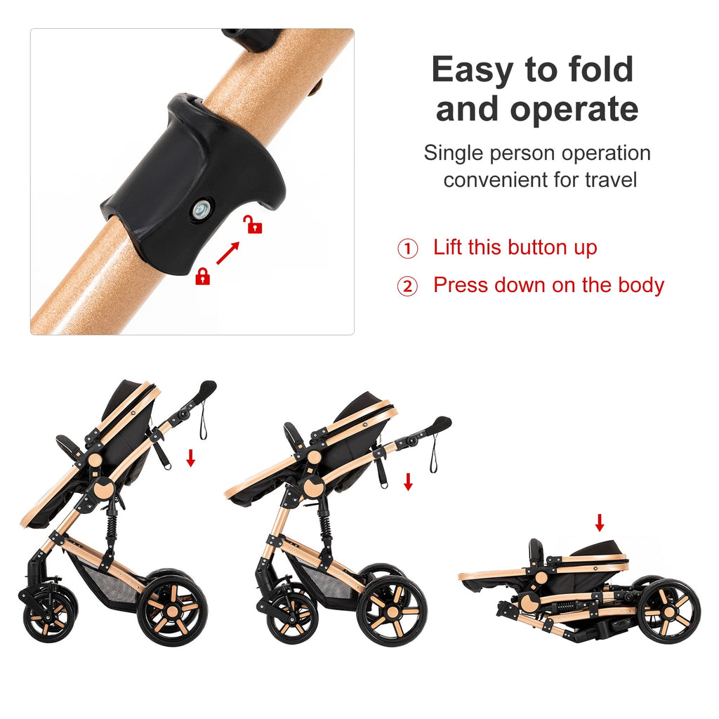 2 in 1 Baby Stroller Portable Infant Stroller with Storage Bag,Cup Holder, for Newborn/Child/Toddler,Unisex,BLACK&GOLD