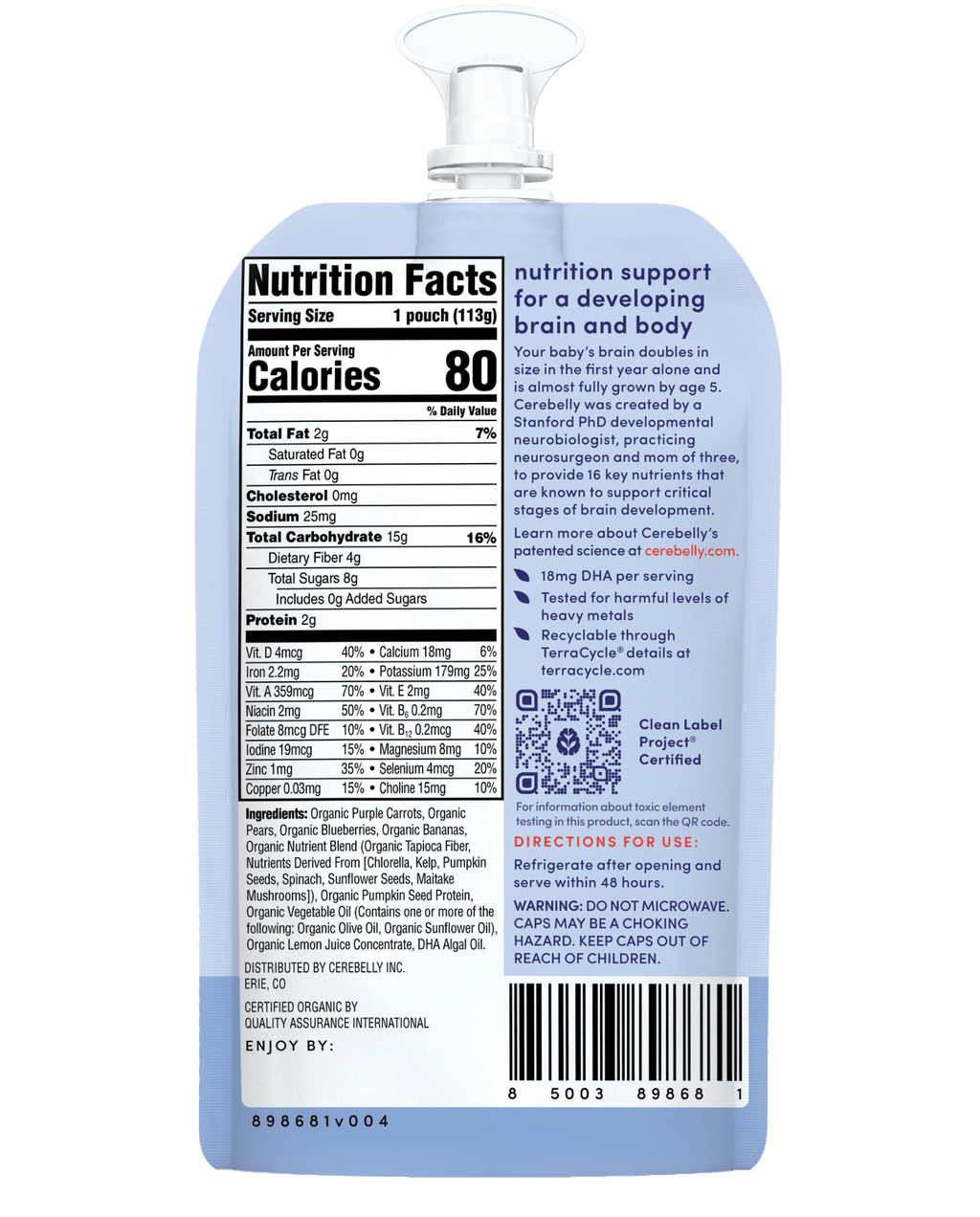 (12 pack) Cerebelly Organic Stage 2 Baby Food, Purple Carrot Blueberry Banana Smoothie, 4 oz, Pouch