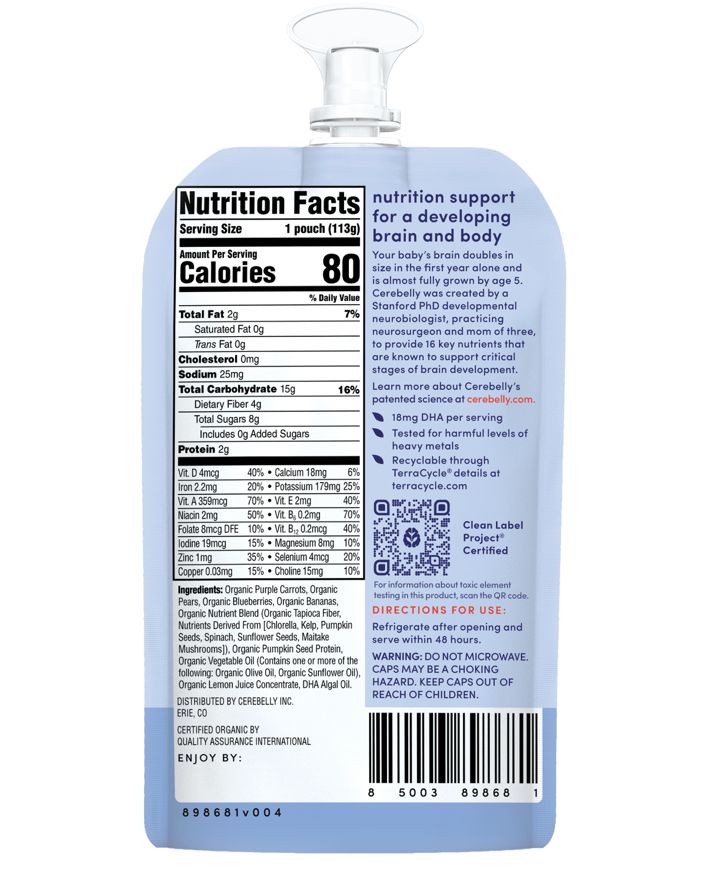 (12 pack) Cerebelly Organic Stage 2 Baby Food, Purple Carrot Blueberry Banana Smoothie, 4 oz, Pouch