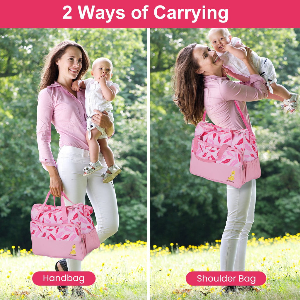 5Pcs Diaper Bag Tote Portable Baby Bag with Food Bag Diaper Pad Bottle Bag Travel Tote Bags for Boys and Girls Pink