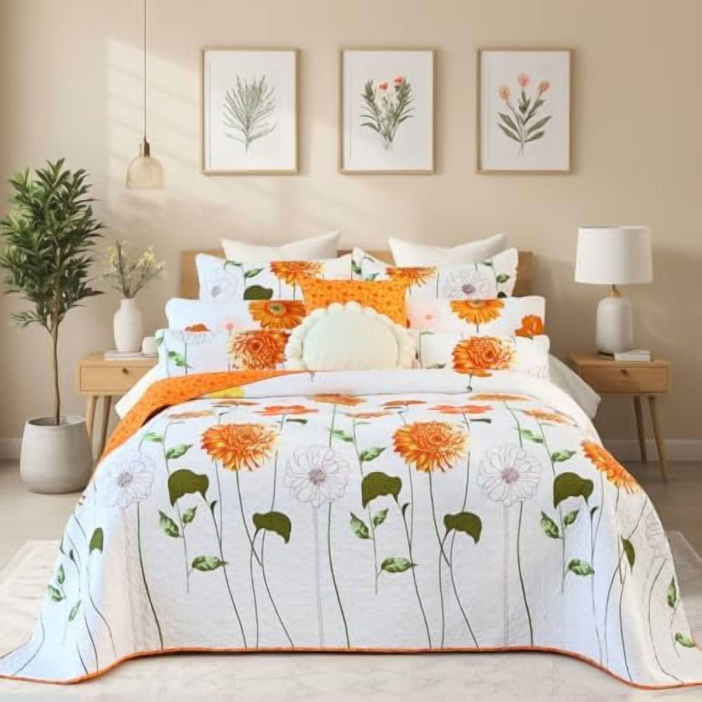 100% Cotton Quilt Queen Size Orange Sunflower Bedding Set Floral Lightweight Quilt Reversible Coverlet Bedspread with 2 Pillow Shams All Seasons 3 Pieces (92"x96")