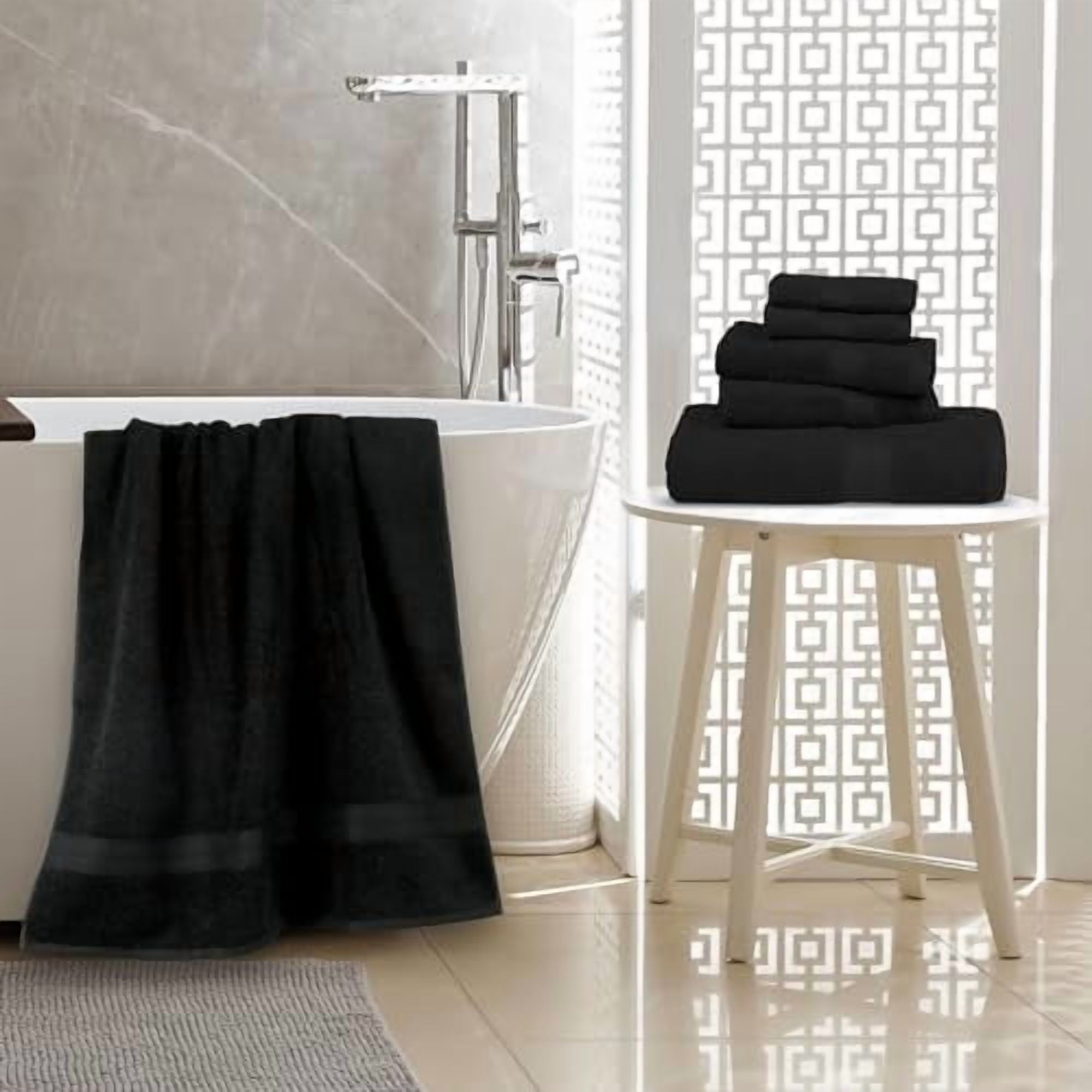 6 Piece Oversized Fade resistant Towel set, 100% Cotton towels for bathroom, soft and absorbent, 2 Bath Towels, 2 Hand Towels and 2 Washcloths bathroom towel set, Black