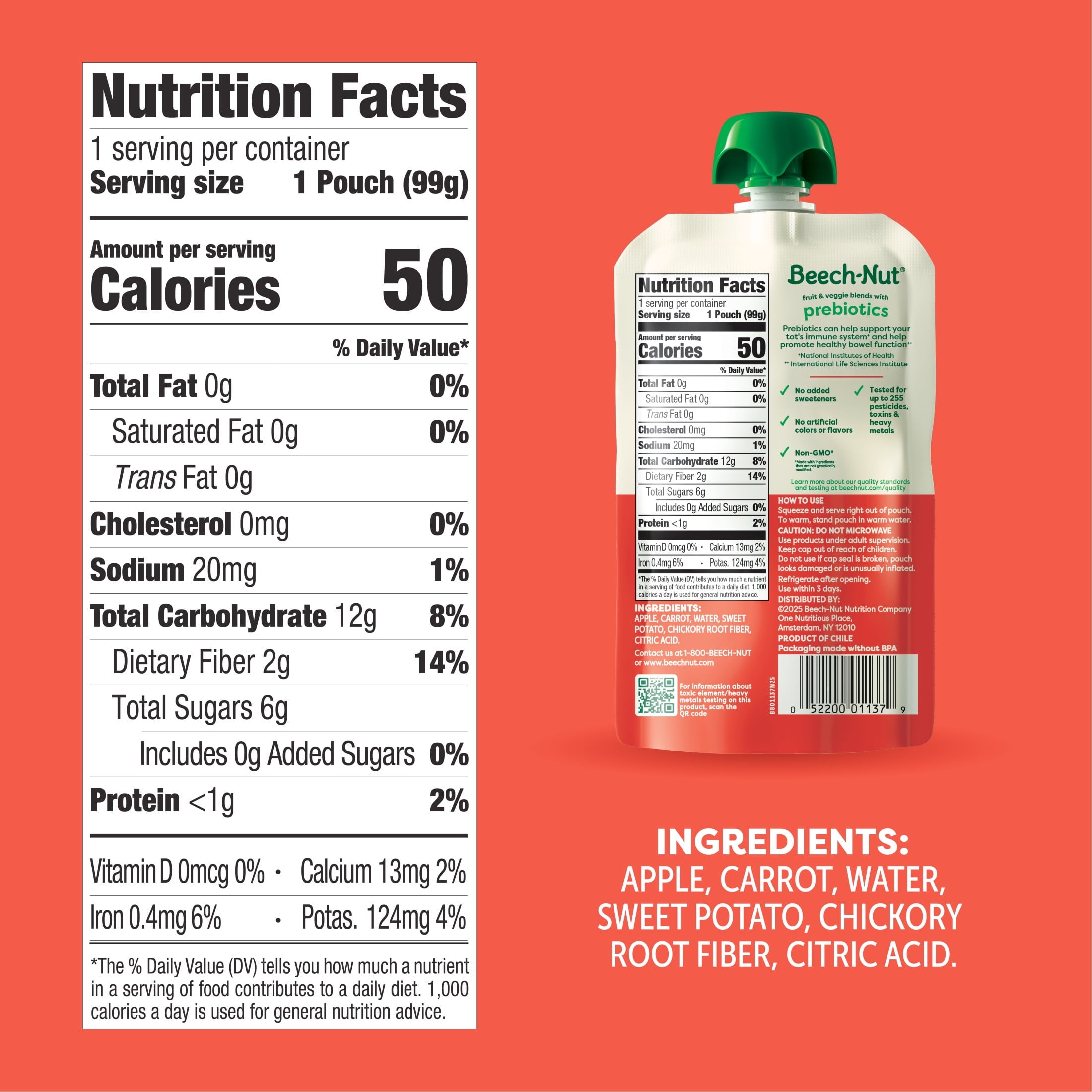 (12 pack) Beech-Nut Prebiotic Fiber Stage 4 Toddler Food, Carrot Apple & Sweet Potato, 3.5 oz Pouch