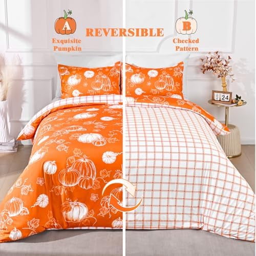 3 Piece Fall Duvet Cover Queen Size Thanksgiving Pumpkin Queen Duvet Covers Set, Reversible Soft Breathable Comforter Cover Autumn Bedding Set for Thanksgiving Decor, Orange, 90'' x 90''