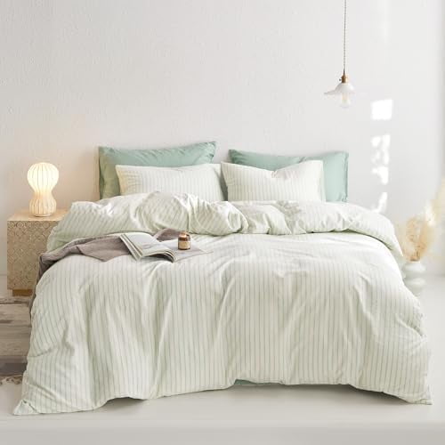 - Striped Cotton Duvet Cover Set, Ticking Stripe Vertical Pinstripe Farmhouse, 100% Washed Cotton Textured Percale Bedding Set, 3 Pieces, Navy Blue, Queen Size