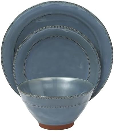 12 Piece (Service for 4) Townscape Plates and Bowls Reactive Glaze Embossed Round Dishes Terracotta Ceramic Dinnerware Set - Dark Green