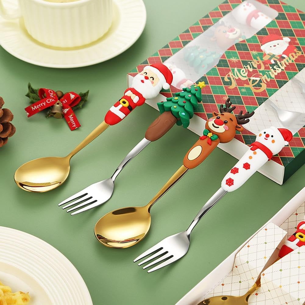 4Pcs Christmas Spoon Fork Set,Christmas Cutlery, Coffee Spoons Coffee Stirrer Dessert Spoon Fruit Fork,Xmas Dinner ForksStainless Steel Set with Gift Box, Xmas Tree Santa Snowman Elk Spoons