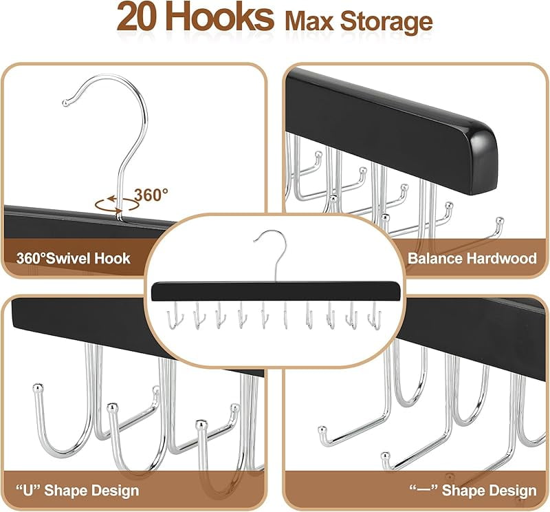 20 Hooks 2 in 1 Belt Tie Hanger for Closet Max 30 Belts with 30 Ties Capacity, Belt Tie Racks Wooden Hanger for Closet Organizer Storage “U” Fits for Belts and “One” Fits for Ties - CT47B