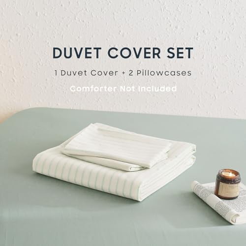 - Striped Cotton Duvet Cover Set, Ticking Stripe Vertical Pinstripe Farmhouse, 100% Washed Cotton Textured Percale Bedding Set, 3 Pieces, Navy Blue, Queen Size