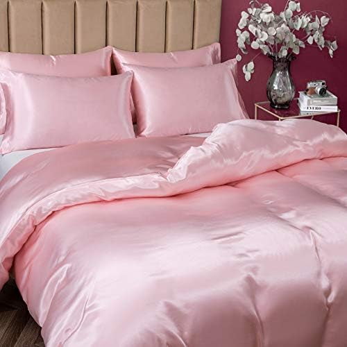 5 Pieces Satin Duvet Cover Full/Queen Size Set, Luxury Silky Like Blush Pink Duvet Cover Bedding Set with Zipper Closure, 1 Duvet Cover + 4 Pillow Cases (No Comforter)