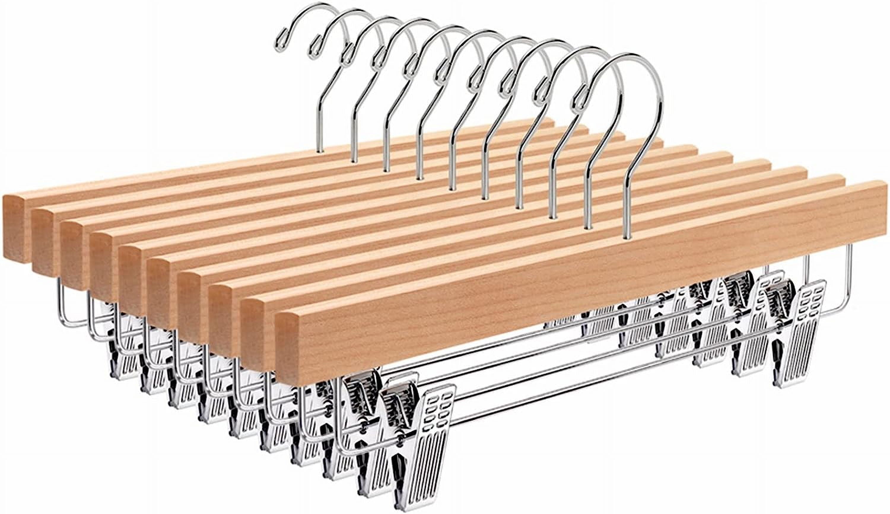 10-Pack Wooden Hangers for Pants & Skirts, Natural Wood with 2 Adjustable Clips for Jeans, Slacks & Shorts, Closet Storage Organizer