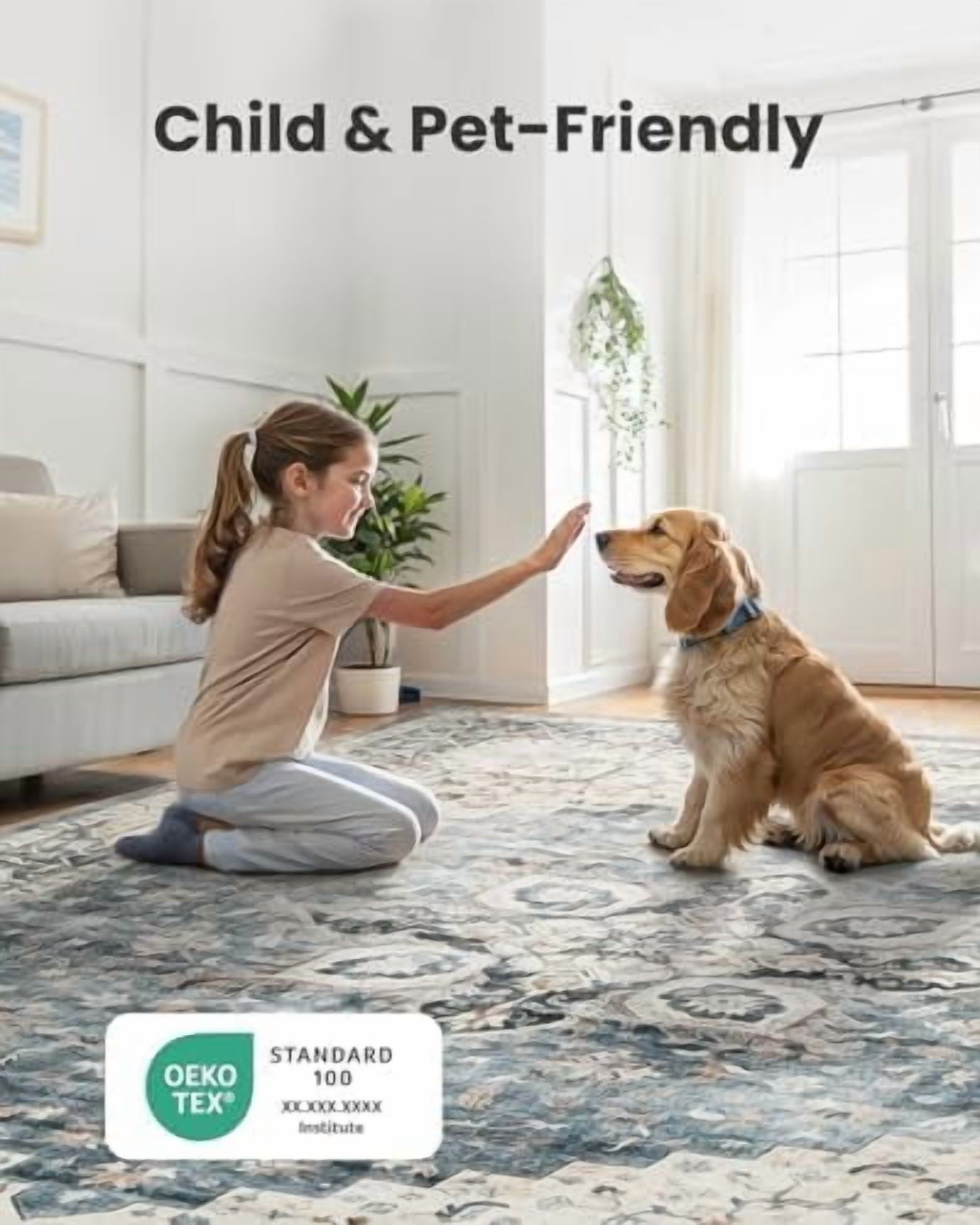 8x10 Washable Area Rug, Low-Profile Large Area Rug with Non-Slip Backing & Durable Edge Binding, Vintage Large Rugs for Living Room, Bedroom, Dinning Room