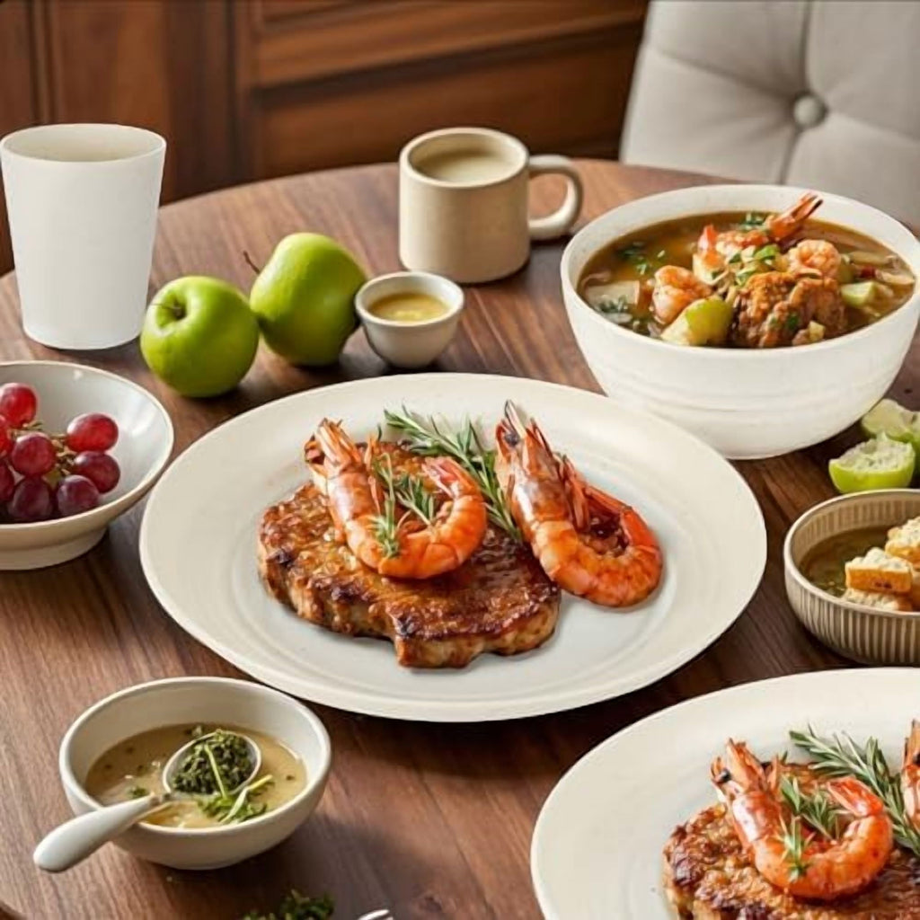 32pcs Wheat Straw Dinnerware Sets, White Dishes for 8, Plates and Bowls Sets, Reusable Plastic Plates, Microwave Dishwasher Safe, White Plastic Dinnerware Set