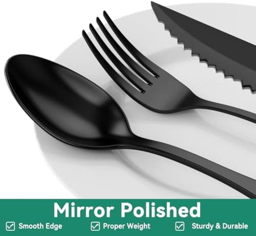 49-Piece Black Silverware Set with Organizer, Stainless Steel Flatware Set for 8 with Drawer Tray, Cutlery Steak Knives Fork Spoon for Home Restaurant, Mirror Finish, Dishwasher Safe